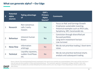 16
What can generate alpha? – Our Edge
Source: Internal; The sector(s)/stock(s)/issuer(s) mentioned in this note do not constitute any recommendation of the same and the Fund may or
may not have any future position in these sector(s)/stock(s)/issuer. The investment approach / framework/ strategy / portfolio / other data
mentioned herein are dated and currently followed by the scheme and the same may change in future depending on market conditions and
other factors.
#
Potential
alpha
sources
Taking advantage
of
DSP’s
Primary
Alpha
Source?
Comments
1 Research
Non-consensus
calls / early-
movers
Yes
- Focus on RoE and Earnings Growth
- Emphasize sustainable investing
- Historical examples such as IPCA Labs,
Symphony, SRF, Coromandel etc.
2 Behaviour
Inherent human
biases
Yes
- Conviction through diversified yet
focused portfolio
- Long-term investment horizon
- Low turnover
3 News flow
Information
arbitrage
No
- We do not prioritize trading / short-term
views
4 Technical
Liquidity squeezes,
sudden fund flows
etc.
No
- We do not prioritize technical charts
analysis and subsequent trading
 
