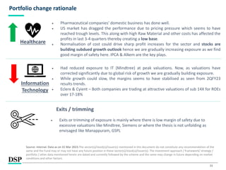 23
Portfolio change rationale
• Exits or trimming of exposure is mainly where there is low margin of safety due to
excessive valuations like Mindtree, Siemens or where the thesis is not unfolding as
envisaged like Manappuram, GSPL
Healthcare
• Pharmaceutical companies' domestic business has done well.
• US market has dragged the performance due to pricing pressure which seems to have
reached trough levels. This along with high Raw Material and other costs has affected the
profits in last 3-4 quarters thereby creating a low base.
• Normalisation of cost could drive sharp profit increases for the sector and stocks are
building subdued growth outlook hence we are gradually increasing exposure as we find
good margin of safety here. IPCA & Alkem are the key plays.
Information
Technology
• Had reduced exposure to IT (Mindtree) at peak valuations. Now, as valuations have
corrected significantly due to global risk of growth we are gradually building exposure.
• While growth could slow, the margins seems to have stabilised as seen from 2QFY23
results trends.
• Eclerx & Cyient – Both companies are trading at attractive valuations of sub 14X for ROEs
over 17-18%
Exits / trimming
Source: Internal. Data as on 31 Mar 2023.The sector(s)/stock(s)/issuer(s) mentioned in this document do not constitute any recommendation of the
same and the Fund may or may not have any future position in these sector(s)/stock(s)/issuer(s). The investment approach / framework/ strategy /
portfolio / other data mentioned herein are dated and currently followed by the scheme and the same may change in future depending on market
conditions and other factors.
 