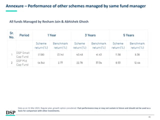 41
Annexure – Performance of other schemes managed by same fund manager
Data as on 31 Mar 2023. Regular plan, growth option considered. Past performance may or may not sustain in future and should not be used as a
basis for comparison with other investments.
All funds Managed by Resham Jain & Abhishek Ghosh
 
