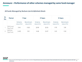 26
Annexure – Performance of other schemes managed by same fund manager
Data as on 31 Dec 2022. Regular plan, growth option considered. Past performance may or may not sustain in future and should not be used as a basis for comparison with other
investments.
All funds Managed by Resham Jain & Abhishek Ghosh
 