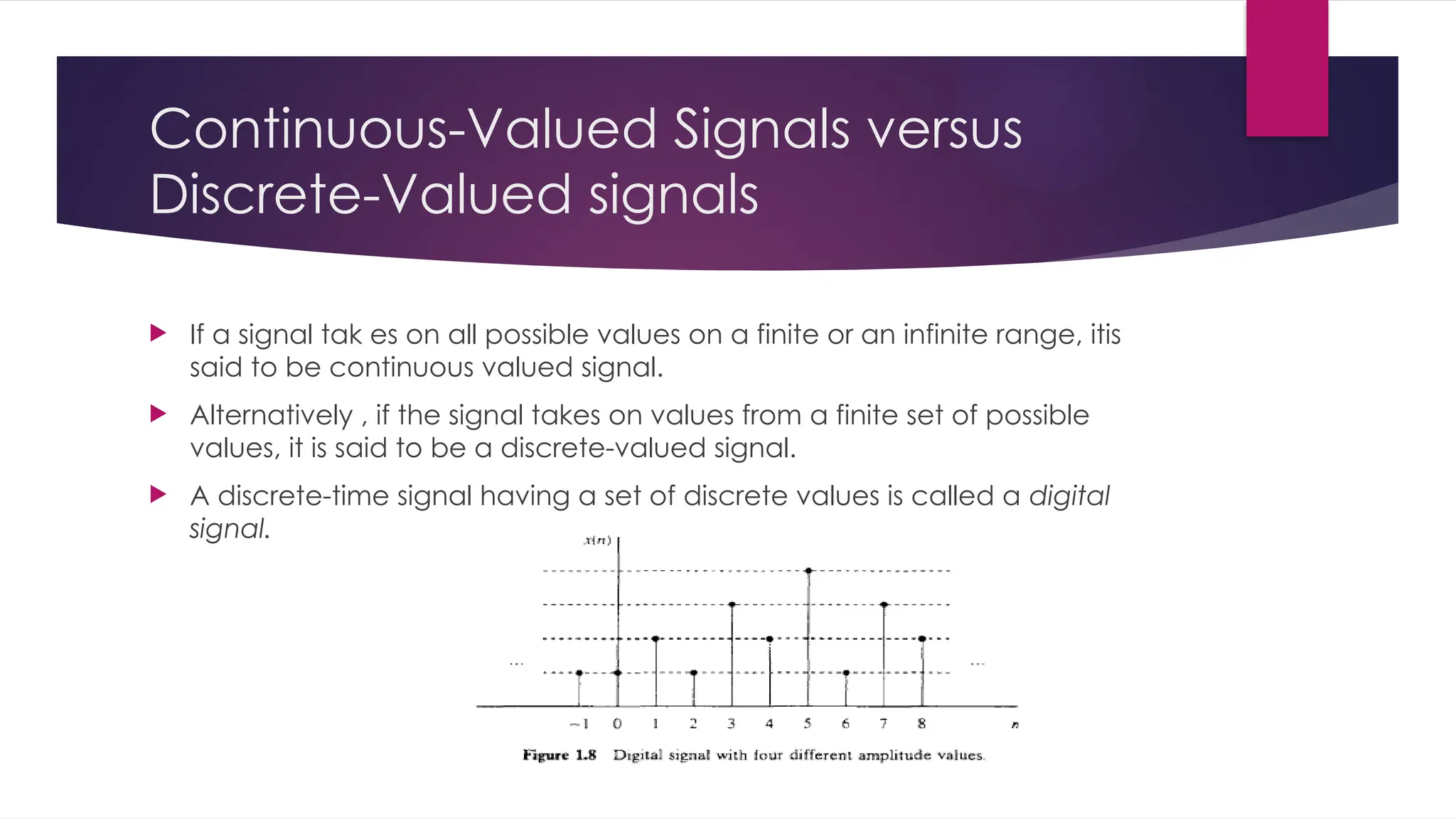 Continuous-Valued Signals versus
Discrete-Valued signals
 If a signal tak es on all possible values on a finite or an infinite range, itis
said to be continuous valued signal.
 Alternatively , if the signal takes on values from a finite set of possible
values, it is said to be a discrete-valued signal.
 A discrete-time signal having a set of discrete values is called a digital
signal.
 