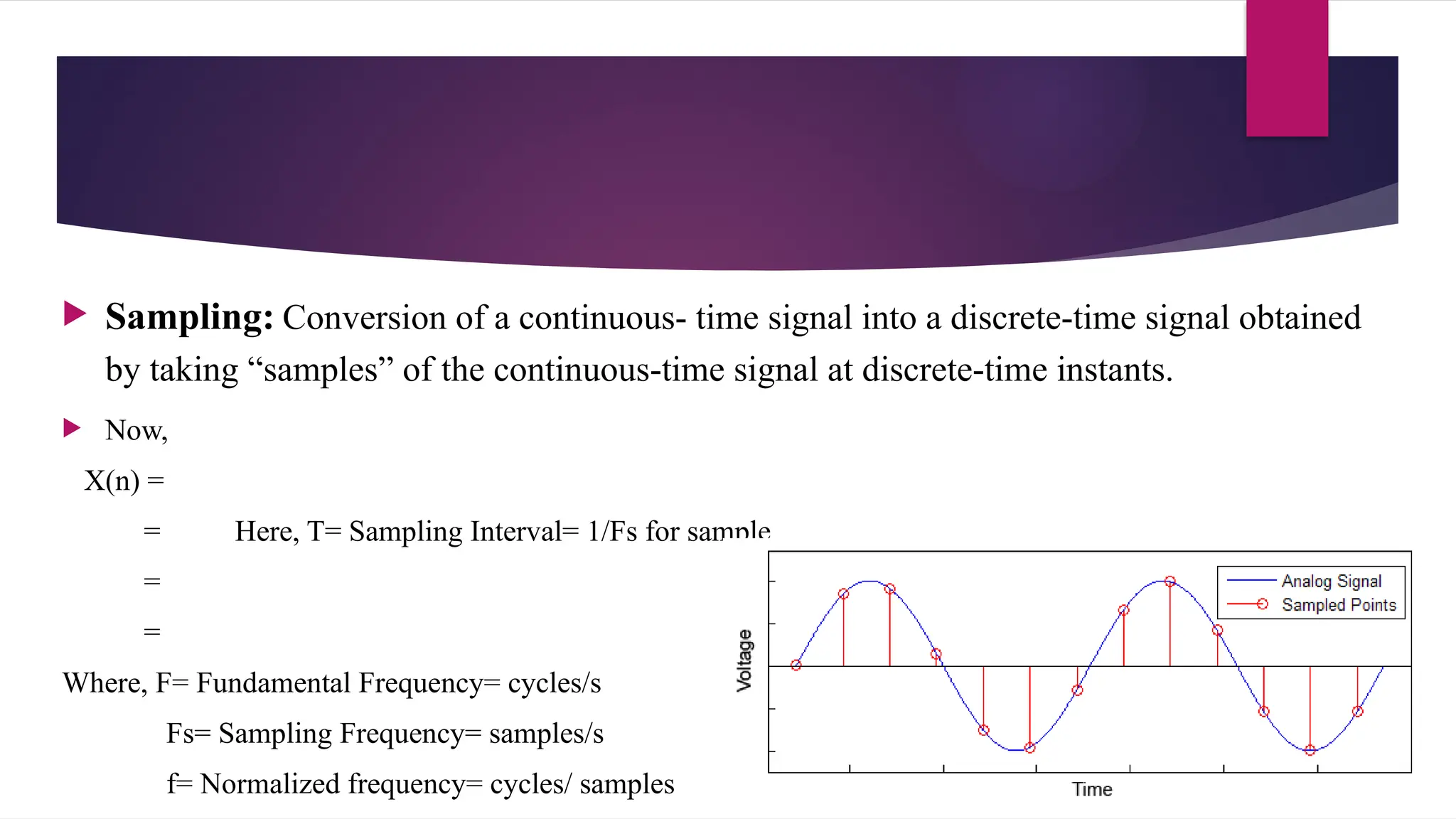  Sampling: Conversion of a continuous- time signal into a discrete-time signal obtained
by taking “samples” of the continuous-time signal at discrete-time instants.
 Now,
X(n) =
= Here, T= Sampling Interval= 1/Fs for sample
=
=
Where, F= Fundamental Frequency= cycles/s
Fs= Sampling Frequency= samples/s
f= Normalized frequency= cycles/ samples
 