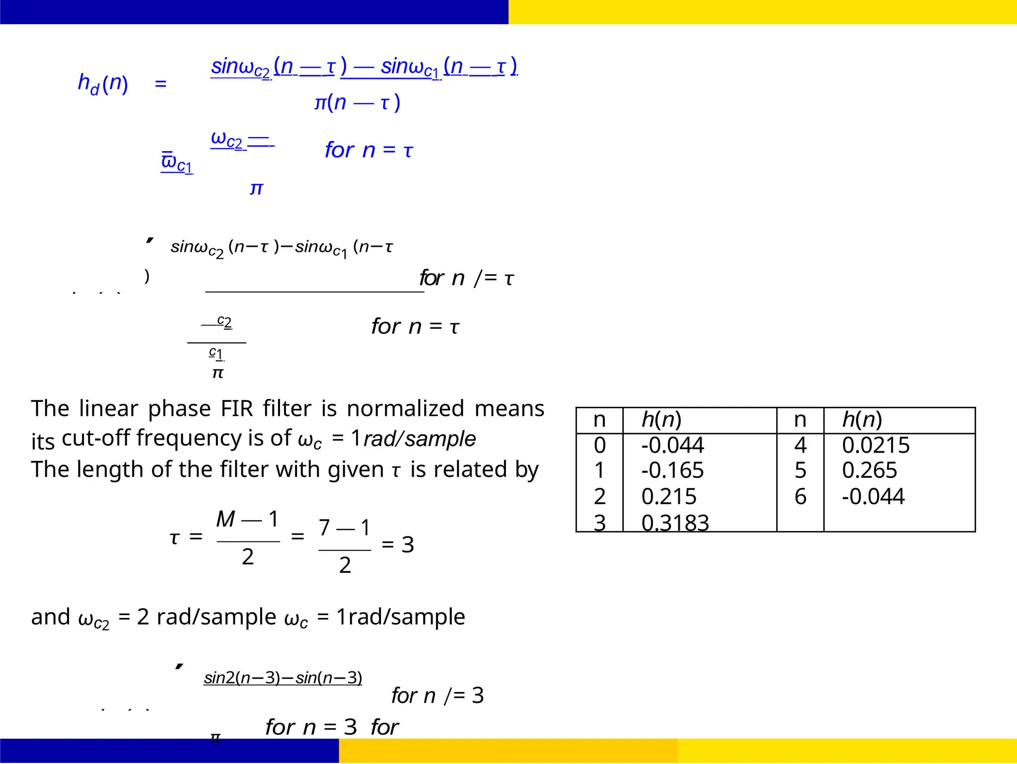 ω −
1
FIR Filter Design Band Pass FIR Filter
Design
85 /
October 25,
UNIT - 7: FIR Filter
Dr. Manjunatha. P (JNNCE)
h (n) =
sinωc2 (n — τ ) — sinωc1 (n — τ )
d
=
ωc2 —
ωc1
π
π(n — τ )
for n = τ
,
sinωc2
(n−τ )−sinωc1
(n−τ
) for n /= τ
c2
c1
π
for n = τ
The linear phase FIR filter is normalized means
its cut-off frequency is of ωc = 1rad/sample
The length of the filter with given τ is related by
M — 1
τ = =
2
7 — 1
= 3
2
and ωc2 = 2 rad/sample ωc = 1rad/sample
,
sin2(n−3)−sin(n−3)
for n /= 3
π for n = 3 for
hd (n)
hd (n)
n h(n) n h(n)
0 -0.044 4 0.0215
1 -0.165 5 0.265
2 0.215 6 -0.044
3 0.3183
π
π
 
