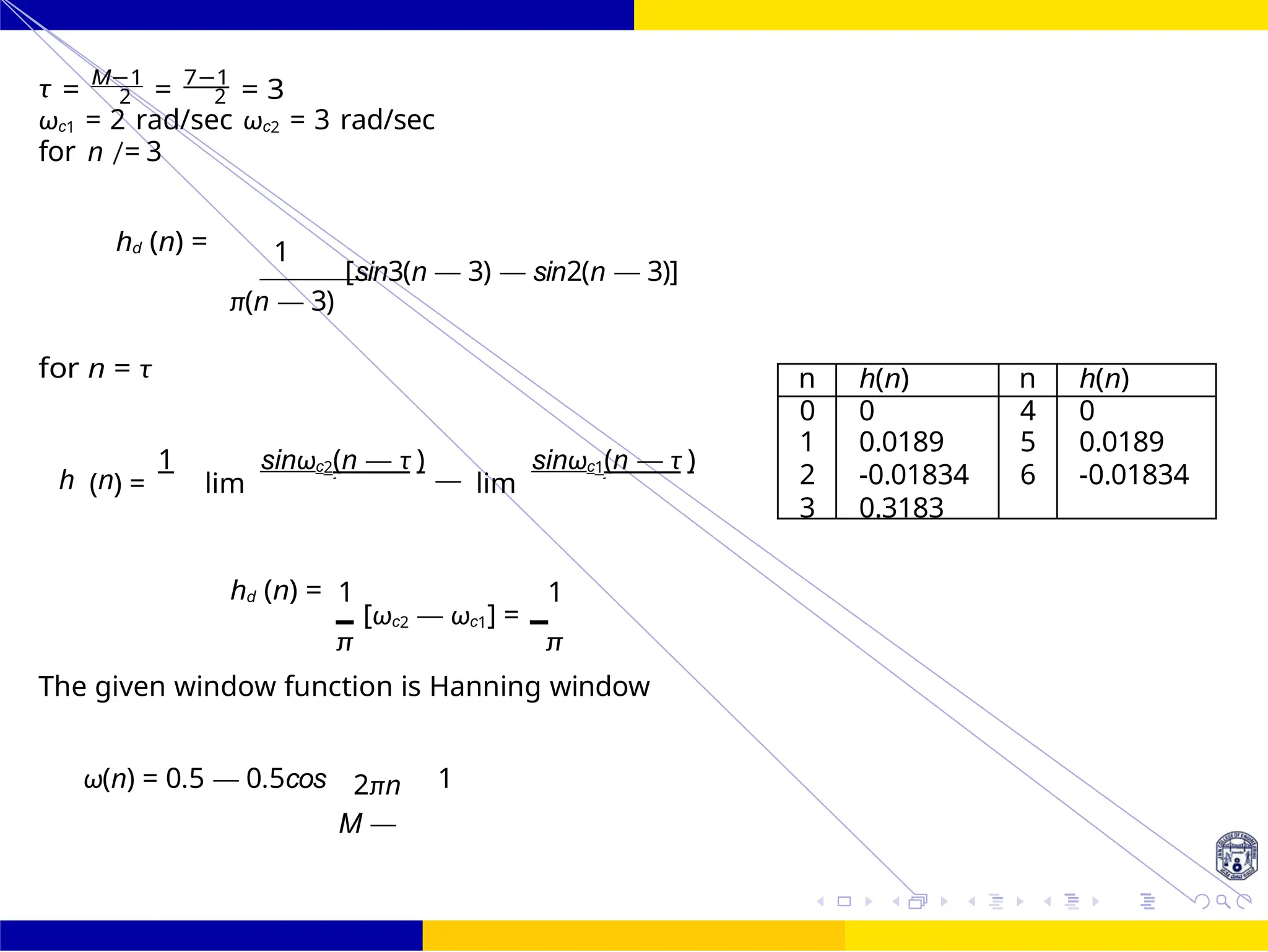 d
FIR Filter Design Band Pass FIR Filter
Design
94 /
October 25,
UNIT - 7: FIR Filter
Dr. Manjunatha. P (JNNCE)
τ =
M−1
=
7−1
= 3
2 2
ωc1 = 2 rad/sec ωc2 = 3 rad/sec
for n /= 3
hd (n) = 1
π(n — 3)
[sin3(n — 3) — sin2(n — 3)]
for n = τ
h (n) =
1
lim
sinωc2(n — τ )
— lim
sinωc1(n — τ )
hd (n) = 1 1
[ωc2 — ωc1] =
π π
The given window function is Hanning window
ω(n) = 0.5 — 0.5cos 2πn
M —
1
π n (n — n (n —
n h(n) n h(n)
0 0 4 0
1 0.0189 5 0.0189
2 -0.01834 6 -0.01834
3 0.3183
 