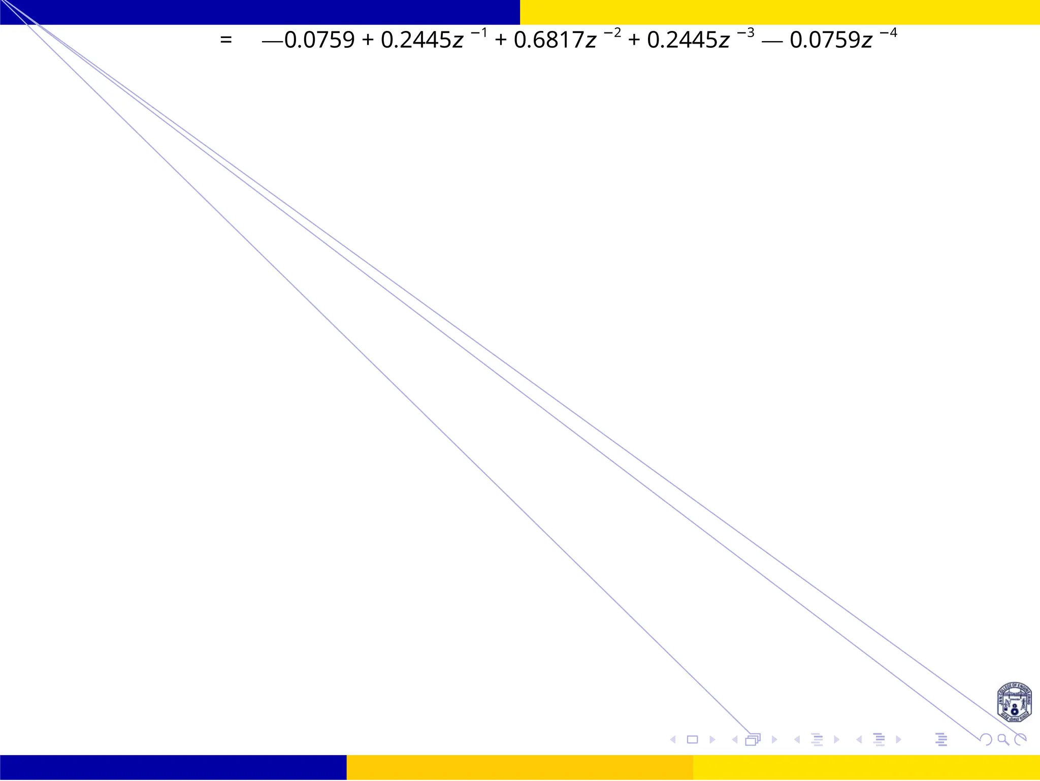 FIR Filter Design Bandstop FIR Filter
Design
103 /
October 25,
UNIT - 7: FIR Filter
Dr. Manjunatha. P (JNNCE)
= —0.0759 + 0.2445z −1
+ 0.6817z −2
+ 0.2445z −3
— 0.0759z −4
 