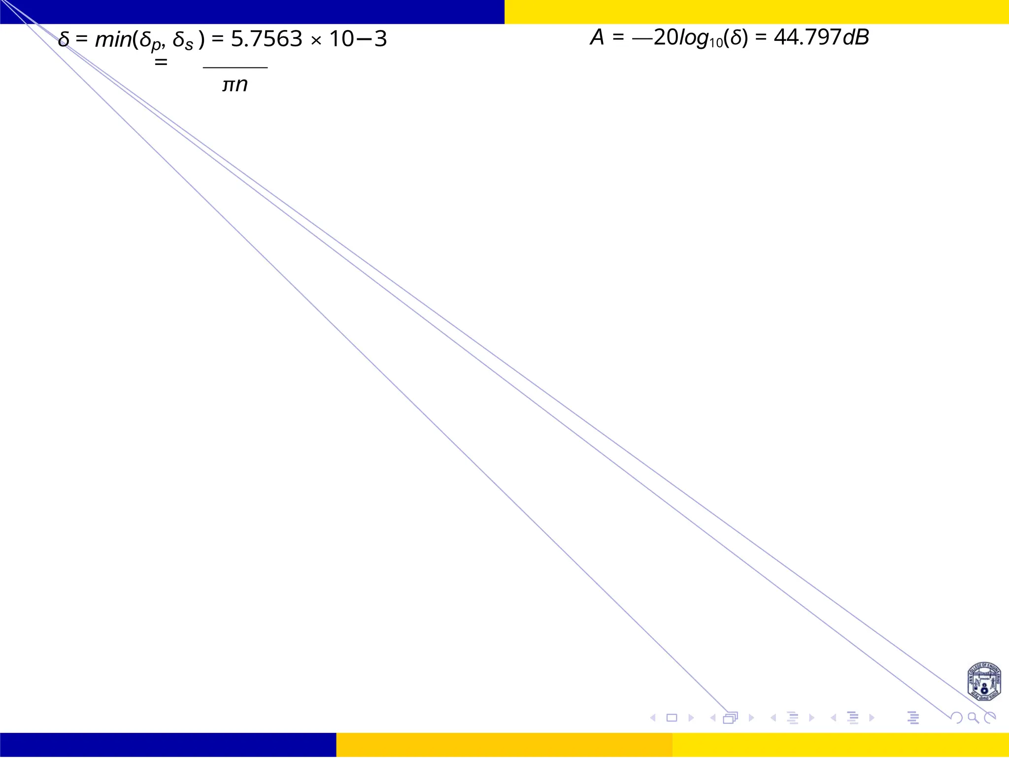 FIR Filter Design FIR Filter Design Using Kaiser
Window
Dr. Manjunatha. P (JNNCE) 120 /
October 25,
UNIT - 7: FIR Filter
δ = min(δp, δs ) = 5.7563 × 10−3 A = —20log10(δ) = 44.797dB
=
πn
 