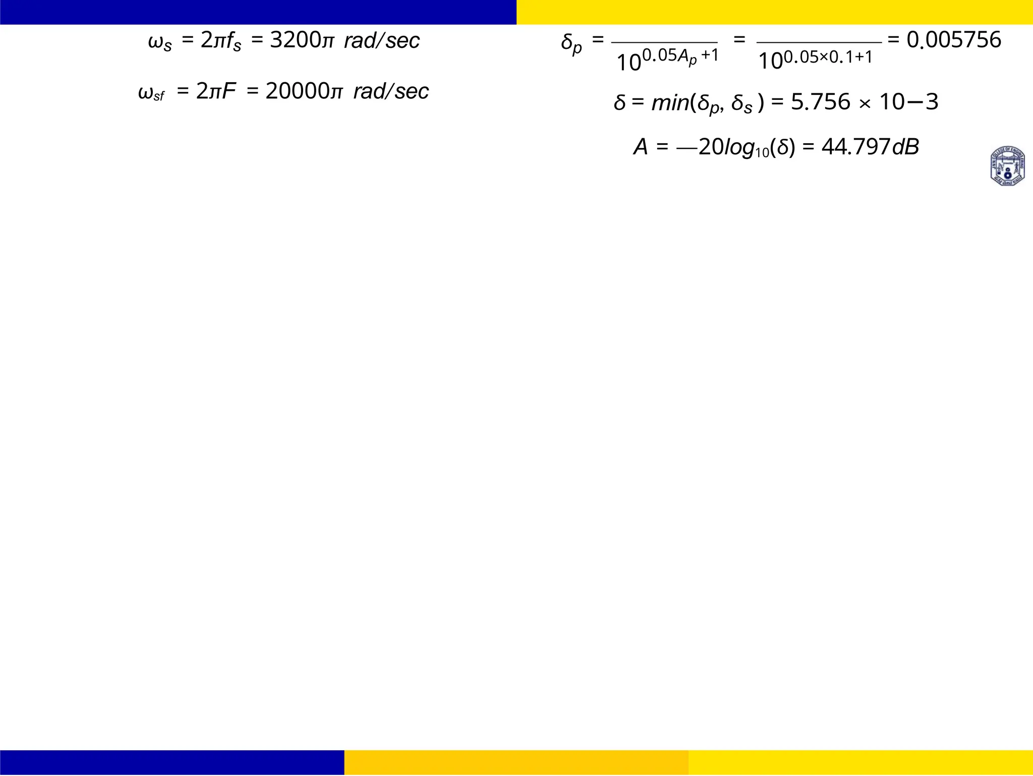 UNIT - 7: FIR Filter 124 /
October 25,
Dr. Manjunatha. P (JNNCE)
FIR Filter Design FIR Filter Design Using Kaiser
Window
ωs = 2πfs = 3200π rad/sec
ωsf = 2πF = 20000π rad/sec
δp =
100.05Ap +1
=
100.05×0.1+1
= 0.005756
δ = min(δp, δs ) = 5.756 × 10−3
A = —20log10(δ) = 44.797dB
 