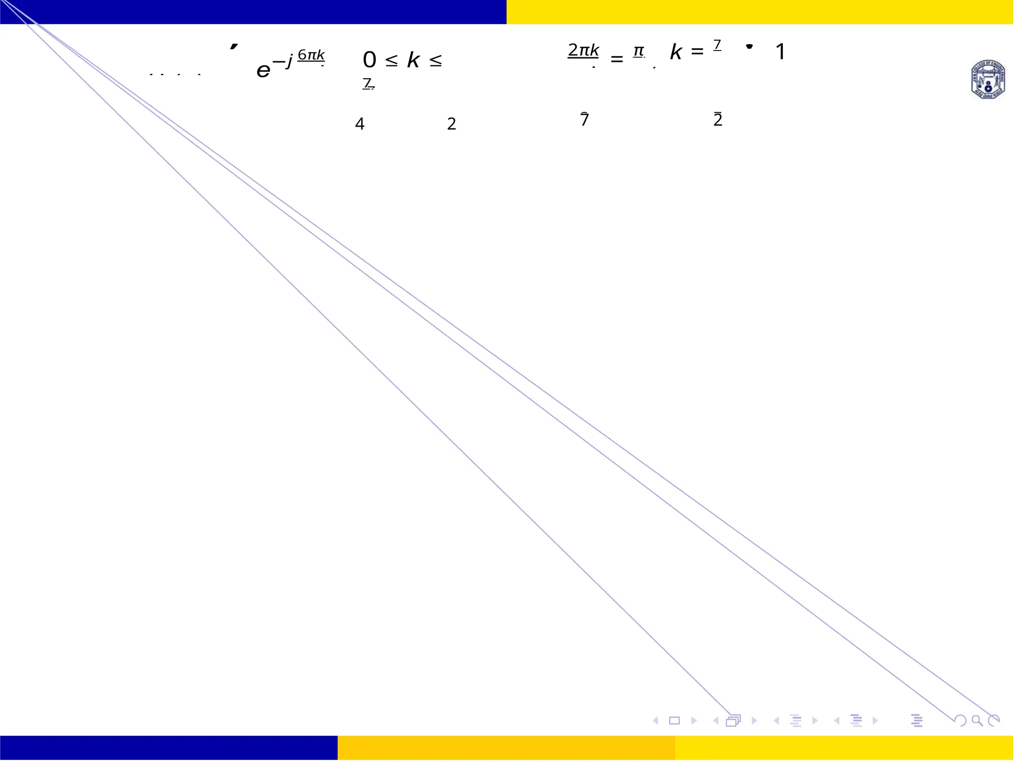 Design of FIR system Frequency Sampling for FIR
Filters
Dr. Manjunatha. P (JNNCE) 138 /
UNIT - 7: FIR Filter October 25,
7
4 7 2 4
0 7
≤ k
2πk
= π k = 7
,
e−j 6πk
0 ≤ k ≤
7
2πk
=
π k = 7
' 1
4 2 7 2
H (ω)
d
 