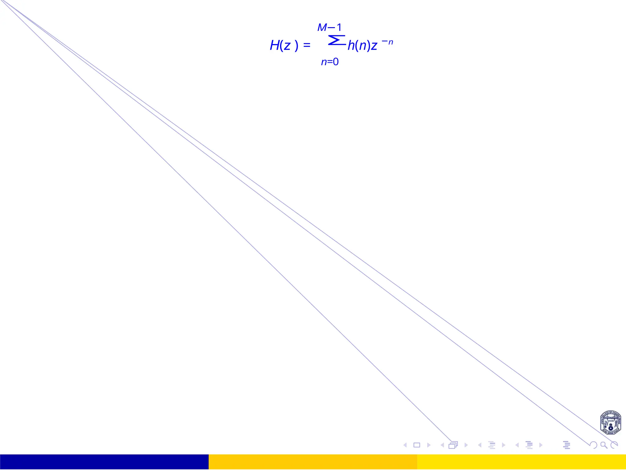 Σ
UNIT - 7: FIR Filter October 25, 16 /
M−1
H(z ) = h(n)z −n
n=0
 