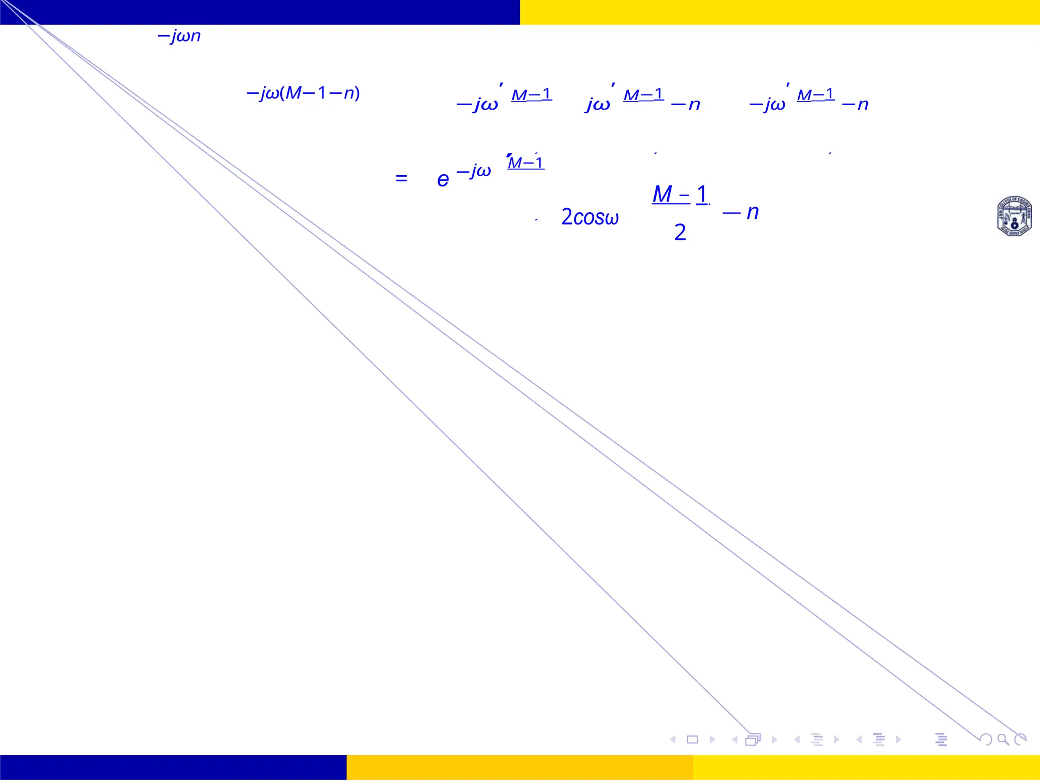 2
2 e 2 2
,
FIR Filter Design Symmetric and Antisymmetric FIR
Filters
UNIT - 7: FIR Filter October 25, 20 /
−jωn
−jω(M−1−n)
−jω
,
M−1
jω
,
M−1
−n −jω
,
M−1
−n
−jω
M−1
= e
2cosω
M − 1
— n
2
e +
= +
 