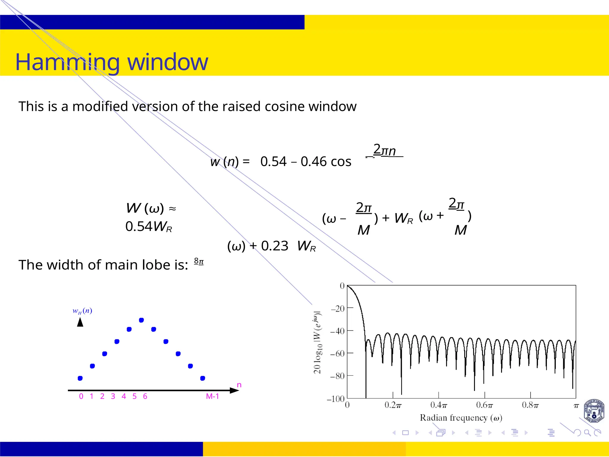 M −
M
UNIT - 7: FIR Filter October 25, 36 /
Hamming window
0 1 2 3 4 5 6 M-1
This is a modified version of the raised cosine window
w (n) = 0.54 − 0.46 cos
2πn
W (ω) ≈
0.54WR
The width of main lobe is: 8π
(ω) + 0.23 WR
2π
(ω − ) + WR
M
(ω +
2π
)
M
wH (n)
n
 