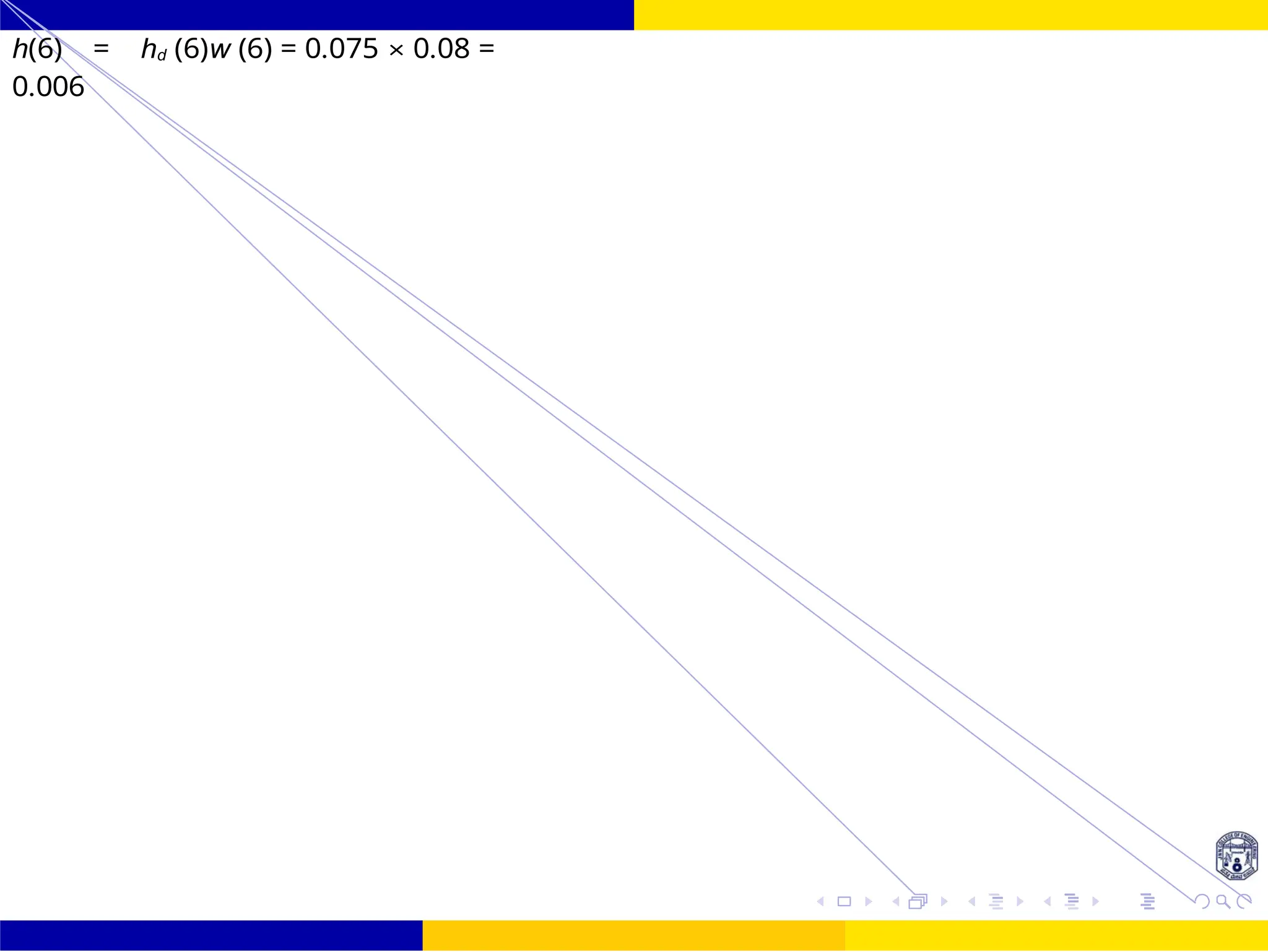FIR Filter Design Low Pass FIR Filter
Design
40 /
October 25,
UNIT - 7: FIR Filter
h(6) = hd (6)w (6) = 0.075 × 0.08 =
0.006
 