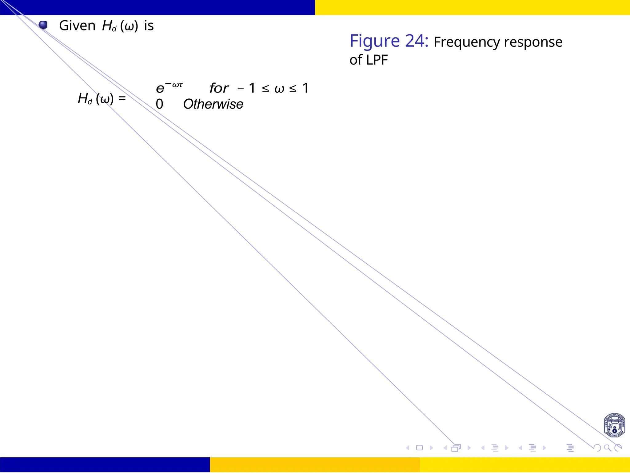 FIR Filter Design Low Pass FIR Filter
Design
51 /
October 25,
UNIT - 7: FIR Filter
Dr. Manjunatha. P (JNNCE)
Given Hd (ω) is
Figure 24: Frequency response
of LPF
Hd (ω) =
e−ωτ
for − 1 ≤ ω ≤ 1
0 Otherwise
 