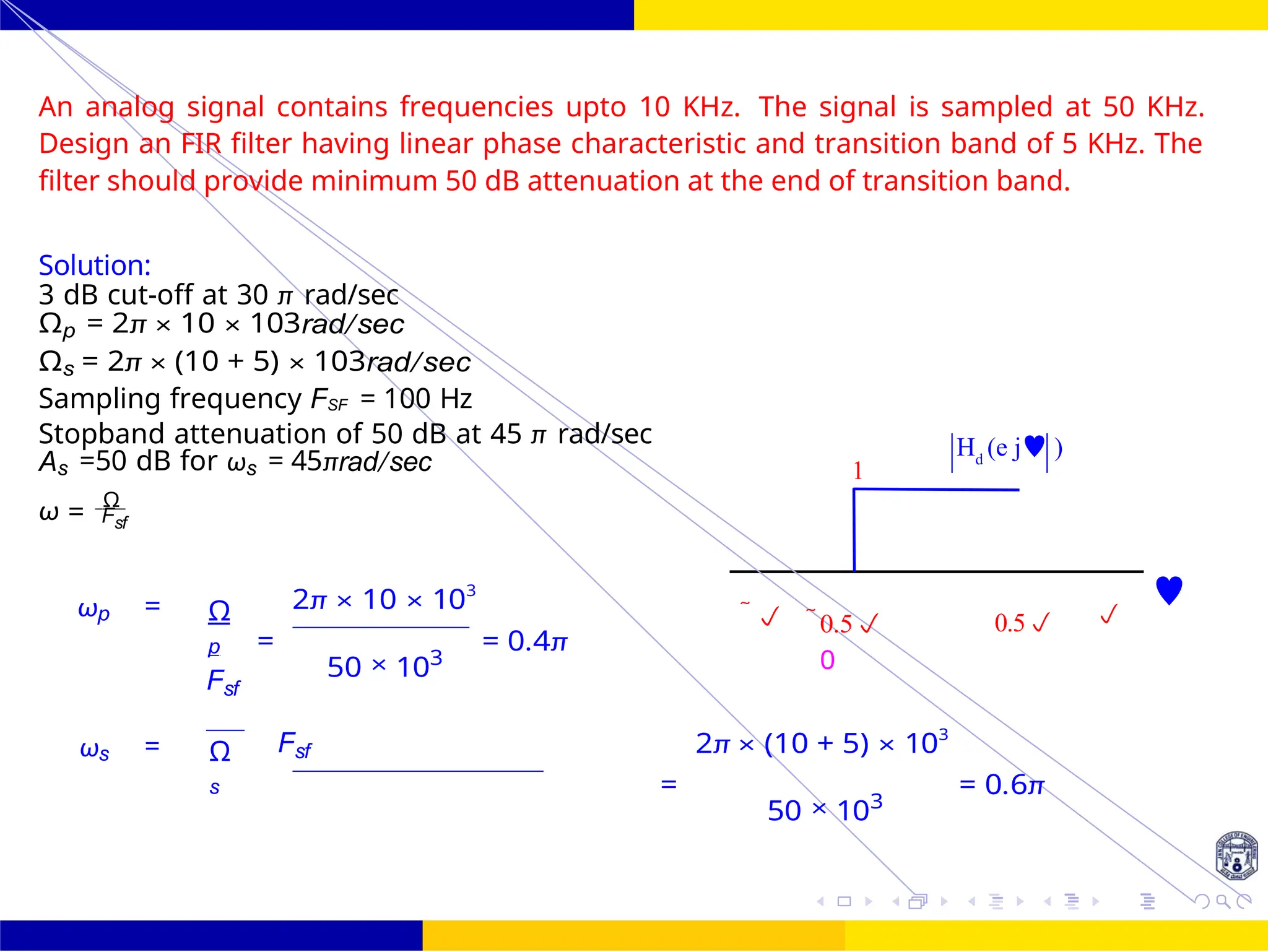 FIR Filter Design Low Pass FIR Filter
Design
62 /
October 25,
UNIT - 7: FIR Filter
Dr. Manjunatha. P (JNNCE)
1
H (e j )
d
An analog signal contains frequencies upto 10 KHz. The signal is sampled at 50 KHz.
Design an FIR filter having linear phase characteristic and transition band of 5 KHz. The
filter should provide minimum 50 dB attenuation at the end of transition band.
Solution:
3 dB cut-off at 30 π rad/sec
Ωp = 2π × 10 × 103rad/sec
Ωs = 2π × (10 + 5) × 103rad/sec
Sampling frequency FSF = 100 Hz
Stopband attenuation of 50 dB at 45 π rad/sec
As =50 dB for ωs = 45πrad/sec
ω =
Ω
Fsf
ωp = Ω
p
Fsf
2π × 10 × 103
=
50 × 103
= 0.4π
 0.5
0
0.5 

ωs = Ω
s
Fsf 2π × (10 + 5) × 103
=
50 × 103
= 0.6π
 
