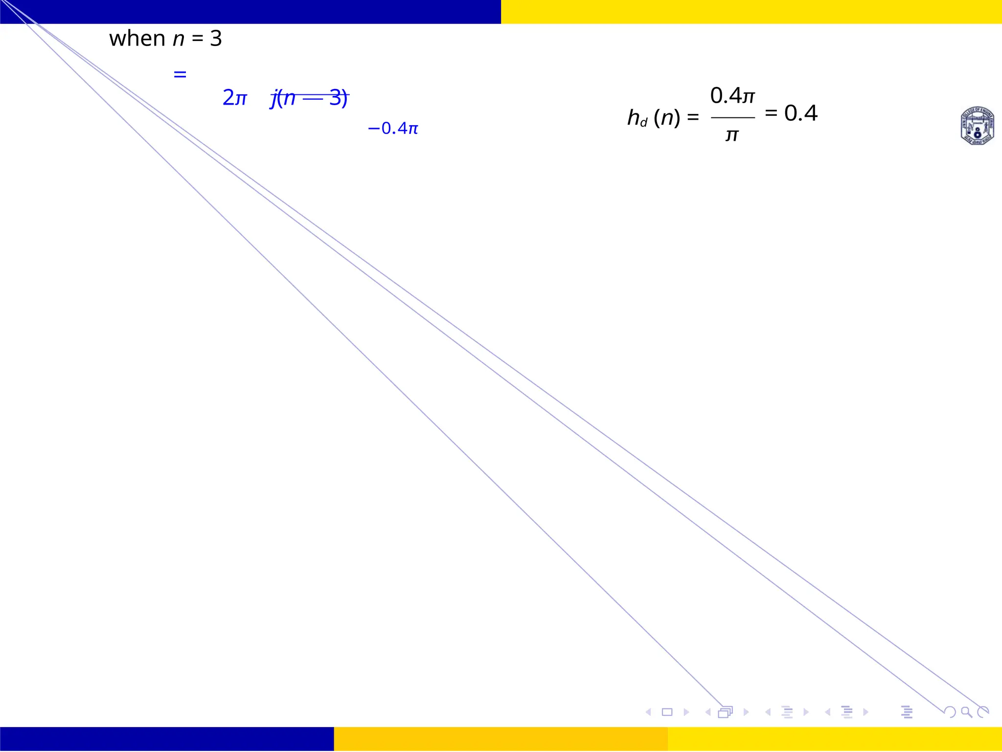 FIR Filter Design Low Pass FIR Filter
Design
Dr. Manjunatha. P (JNNCE) October 25, 69 /
UNIT - 7: FIR Filter
when n = 3
=
2π j(n — 3)
−0.4π
hd (n) =
0.4π
= 0.4
π
 