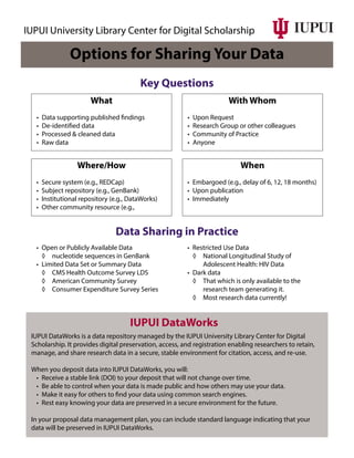 Options for Sharing Your Data
Key Questions
IUPUI DataWorks is a data repository managed by the IUPUI University Library Center for Digital
Scholarship. It provides digital preservation, access, and registration enabling researchers to retain,
manage, and share research data in a secure, stable environment for citation, access, and re-use.
When you deposit data into IUPUI DataWorks, you will:
•	 Receive a stable link (DOI) to your deposit that will not change over time.
•	 Be able to control when your data is made public and how others may use your data.
•	 Make it easy for others to find your data using common search engines.
•	 Rest easy knowing your data are preserved in a secure environment for the future.
In your proposal data management plan, you can include standard language indicating that your
data will be preserved in IUPUI DataWorks.
IUPUI DataWorks
•	 Open or Publicly Available Data
◊	 nucleotide sequences in GenBank
•	 Limited Data Set or Summary Data
◊	 CMS Health Outcome Survey LDS
◊	 American Community Survey
◊	 Consumer Expenditure Survey Series
•	 Restricted Use Data
◊	 National Longitudinal Study of
Adolescent Health: HIV Data
•	 Dark data
◊	 That which is only available to the
research team generating it.
◊	 Most research data currently!
Data Sharing in Practice
What
•	 Data supporting published findings
•	 De-identified data
•	 Processed & cleaned data
•	 Raw data
With Whom
•	 Upon Request
•	 Research Group or other colleagues
•	 Community of Practice
•	 Anyone
Where/How
•	 Secure system (e.g., REDCap)
•	 Subject repository (e.g., GenBank)
•	 Institutional repository (e.g., DataWorks)
•	 Other community resource (e.g.,
When
•	 Embargoed (e.g., delay of 6, 12, 18 months)
•	 Upon publication
•	 Immediately
IUPUI University Library Center for Digital Scholarship
 