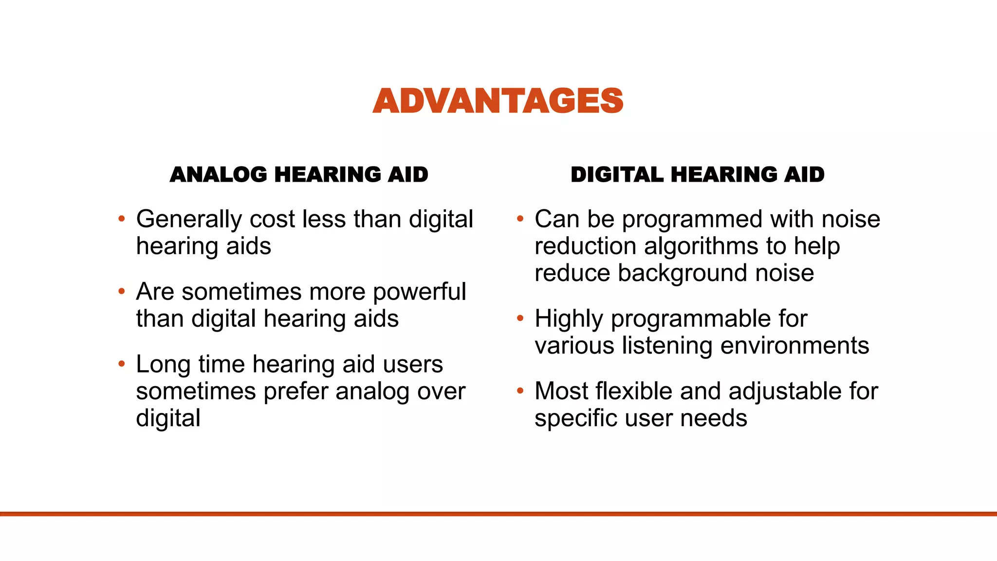 ADVANTAGES
ANALOG HEARING AID
• Generally cost less than digital
hearing aids
• Are sometimes more powerful
than digital hearing aids
• Long time hearing aid users
sometimes prefer analog over
digital
DIGITAL HEARING AID
• Can be programmed with noise
reduction algorithms to help
reduce background noise
• Highly programmable for
various listening environments
• Most flexible and adjustable for
specific user needs
 
