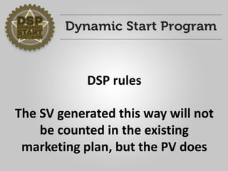 DSP rules 
The SV generated this way will not be counted in the existing marketing plan, but the PV does  