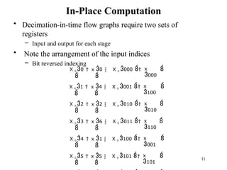 11
In-Place Computation
• Decimation-in-time flow graphs require two sets of
registers
– Input and output for each stage
• Note the arrangement of the input indices
– Bit reversed indexing
X 0 0

 x 0

 X 0 000  x
000

X 0 1

 x 4

 X 0 001  x
100

X 0 2

 x 2

 X 0 010  x
010

X 0 3

 x 6

 X 0 011  x
110

X 0 4

 x 1

 X 0 100  x
001

X 0 5

 x 5

 X 0 101  x
101

 