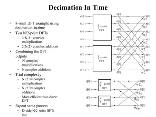 Decimation In Time
• 8-point DFT example using
decimation-in-time
• Two N/2-point DFTs
– 2(N/2)2 complex
multiplications
– 2(N/2)2 complex additions
• Combining the DFT
outputs
– N complex
multiplications
– N complex additions
• Total complexity
– N2/2+N complex
multiplications
– N2/2+N complex
additions
– More efficient than direct
DFT
• Repeat same process
– Divide N/2-point DFTs
into
7
 