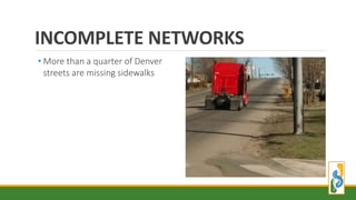 INCOMPLETE NETWORKS
• More than a quarter of Denver
streets are missing sidewalks
 