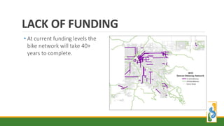 LACK OF FUNDING
• At current funding levels the
bike network will take 40+
years to complete.
 