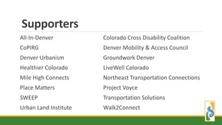 Supporters
All-In-Denver Colorado Cross Disability Coalition
CoPIRG Denver Mobility & Access Council
Denver Urbanism Groundwork Denver
Healthier Colorado LiveWell Colorado
Mile High Connects Northeast Transportation Connections
Place Matters Project Voyce
SWEEP Transportation Solutions
Urban Land Institute Walk2Connect
 