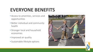 • Access to amenities, services and
opportunities
• Better individual and community
health
• Stronger local and household
economies
• Improved air quality
• Sustainable lifestyle options
EVERYONE BENEFITS
 