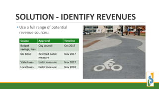 SOLUTION - IDENTIFY REVENUES
• Use a full range of potential
revenue sources:
Source Approval Timeline
Budget
savings, fees
City council Oct 2017
GO Bond Referred ballot
measure
Nov 2017
State taxes ballot measure Nov 2017
Local taxes ballot measure Nov 2018
 