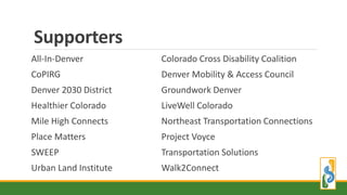 Supporters
All-In-Denver Colorado Cross Disability Coalition
CoPIRG Denver Mobility & Access Council
Denver 2030 District Groundwork Denver
Healthier Colorado LiveWell Colorado
Mile High Connects Northeast Transportation Connections
Place Matters Project Voyce
SWEEP Transportation Solutions
Urban Land Institute Walk2Connect
 