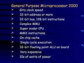 General Purpose Microprocessor 2000
 GHz clock speed
 32-bit address or more
 32-bit bus, 128-bit instructions
 Complex MMU
 Super scalar CPU
 MMX instructions
 On chip cache
 Single cycle execution
 32-bit floating point ALU on board
 Very expensive
 10s of watts of power
 