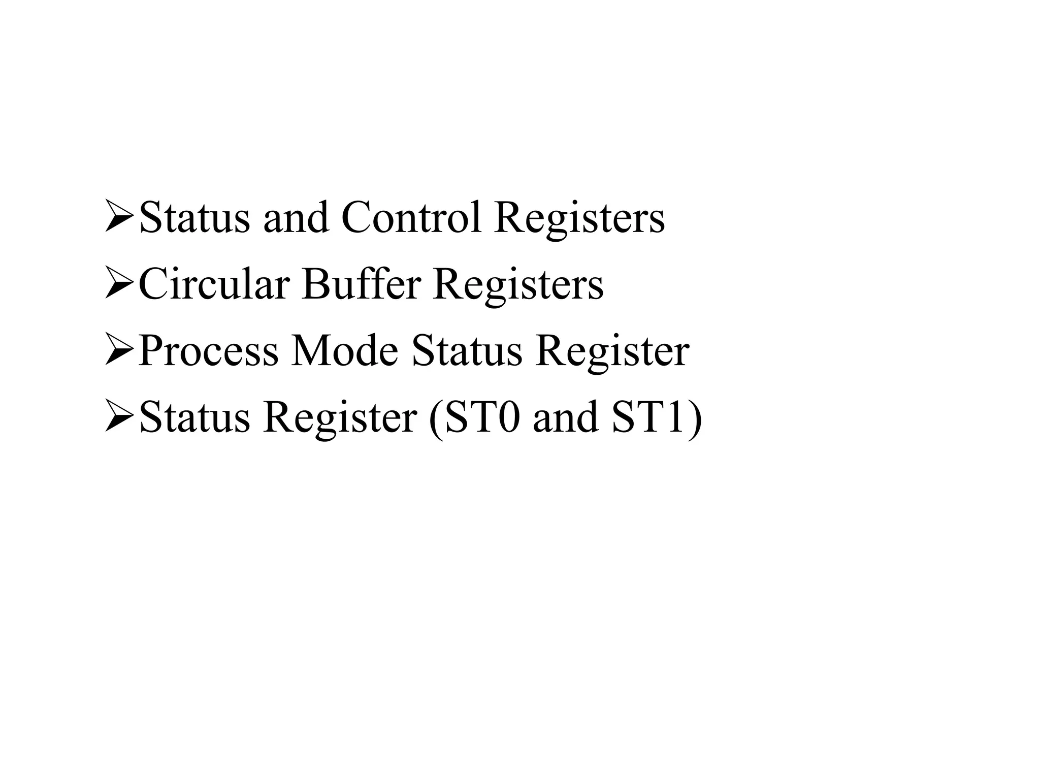 Status and Control Registers
Circular Buffer Registers
Process Mode Status Register
Status Register (ST0 and ST1)
 