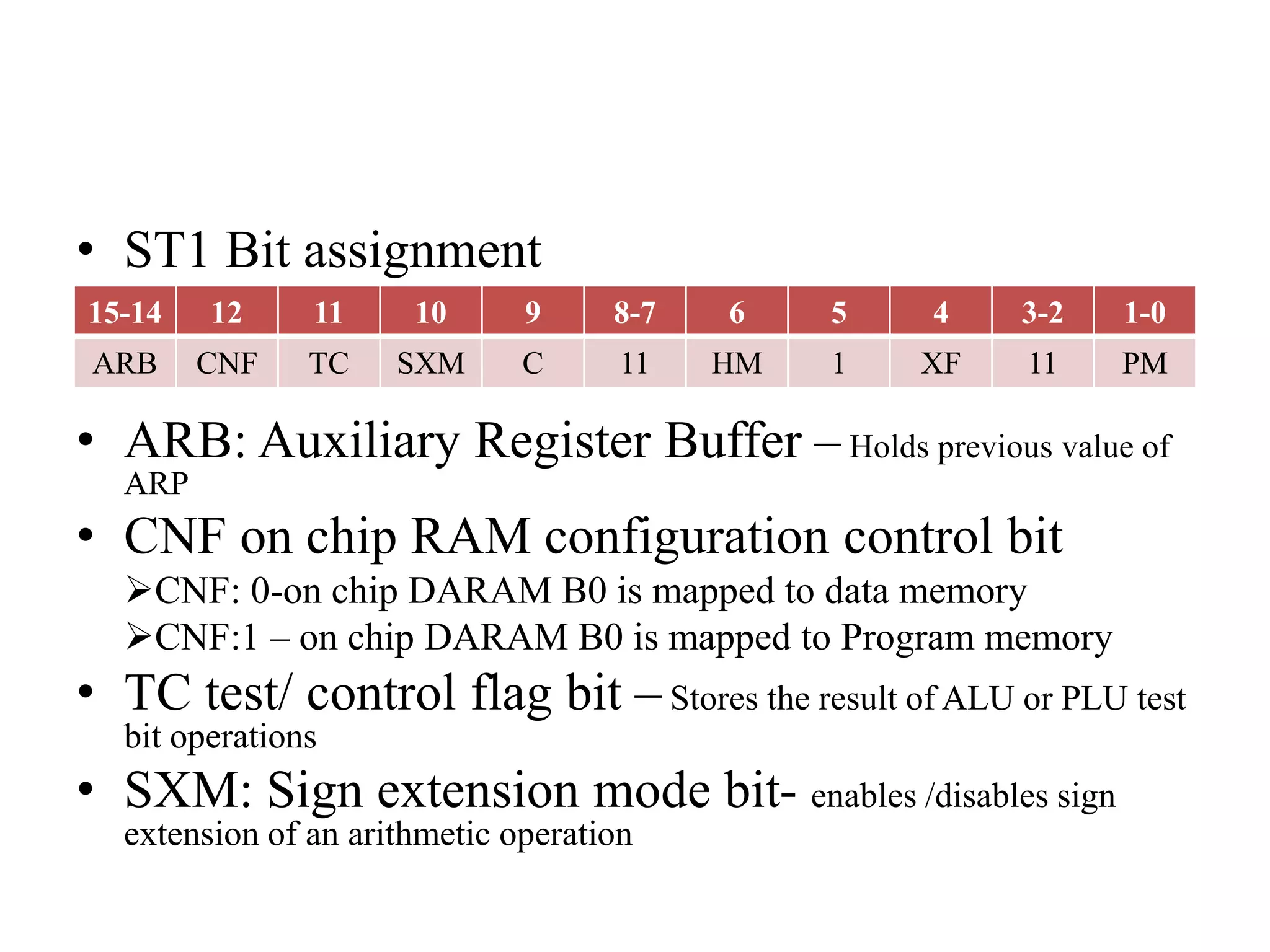 • ST1 Bit assignment
• ARB: Auxiliary Register Buffer – Holds previous value of
ARP
• CNF on chip RAM configuration control bit
CNF: 0-on chip DARAM B0 is mapped to data memory
CNF:1 – on chip DARAM B0 is mapped to Program memory
• TC test/ control flag bit – Stores the result of ALU or PLU test
bit operations
• SXM: Sign extension mode bit- enables /disables sign
extension of an arithmetic operation
15-14 12 11 10 9 8-7 6 5 4 3-2 1-0
ARB CNF TC SXM C 11 HM 1 XF 11 PM
 