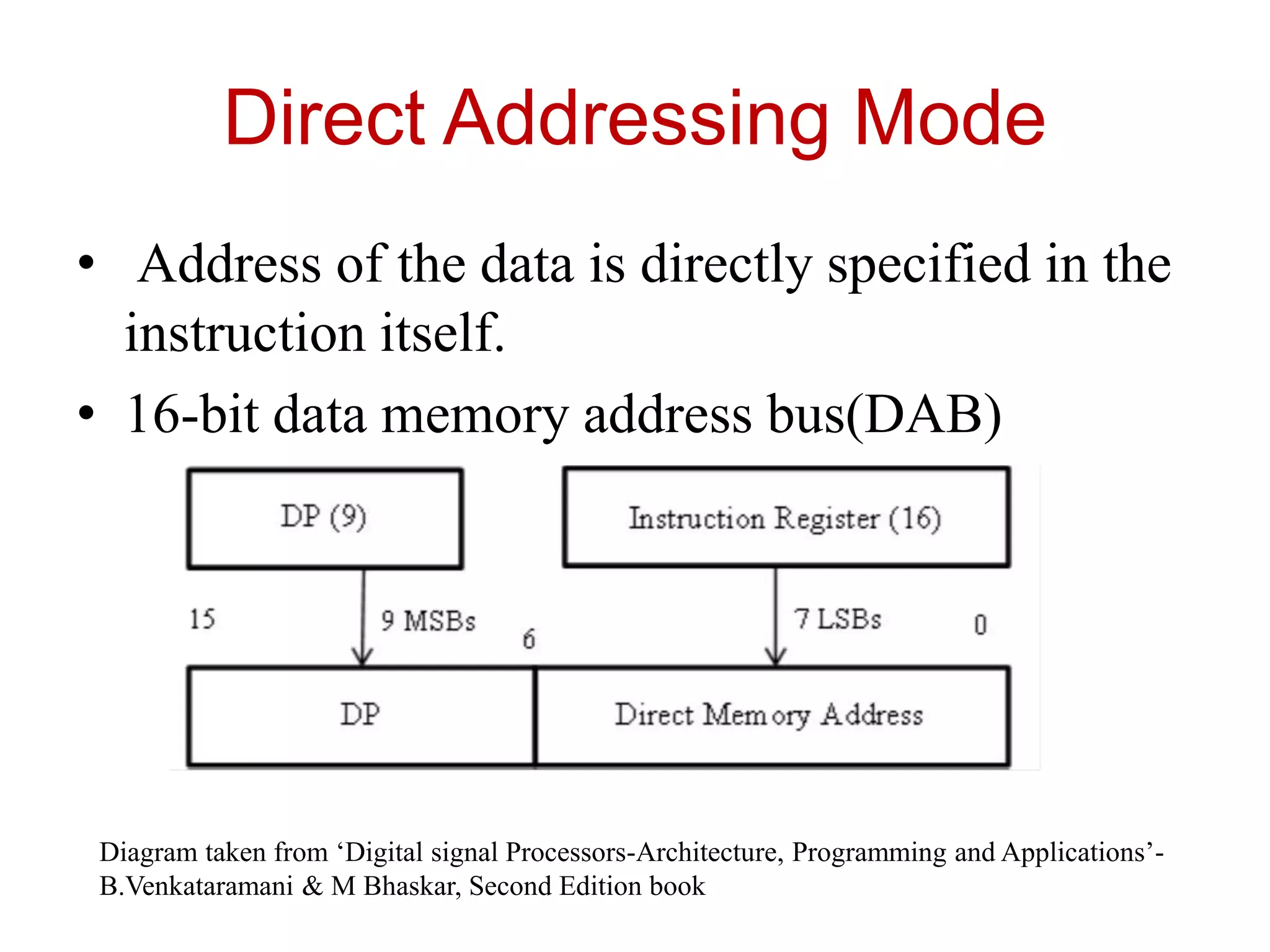 Direct Addressing Mode
• Address of the data is directly specified in the
instruction itself.
• 16-bit data memory address bus(DAB)
Diagram taken from ‘Digital signal Processors-Architecture, Programming and Applications’-
B.Venkataramani & M Bhaskar, Second Edition book
 