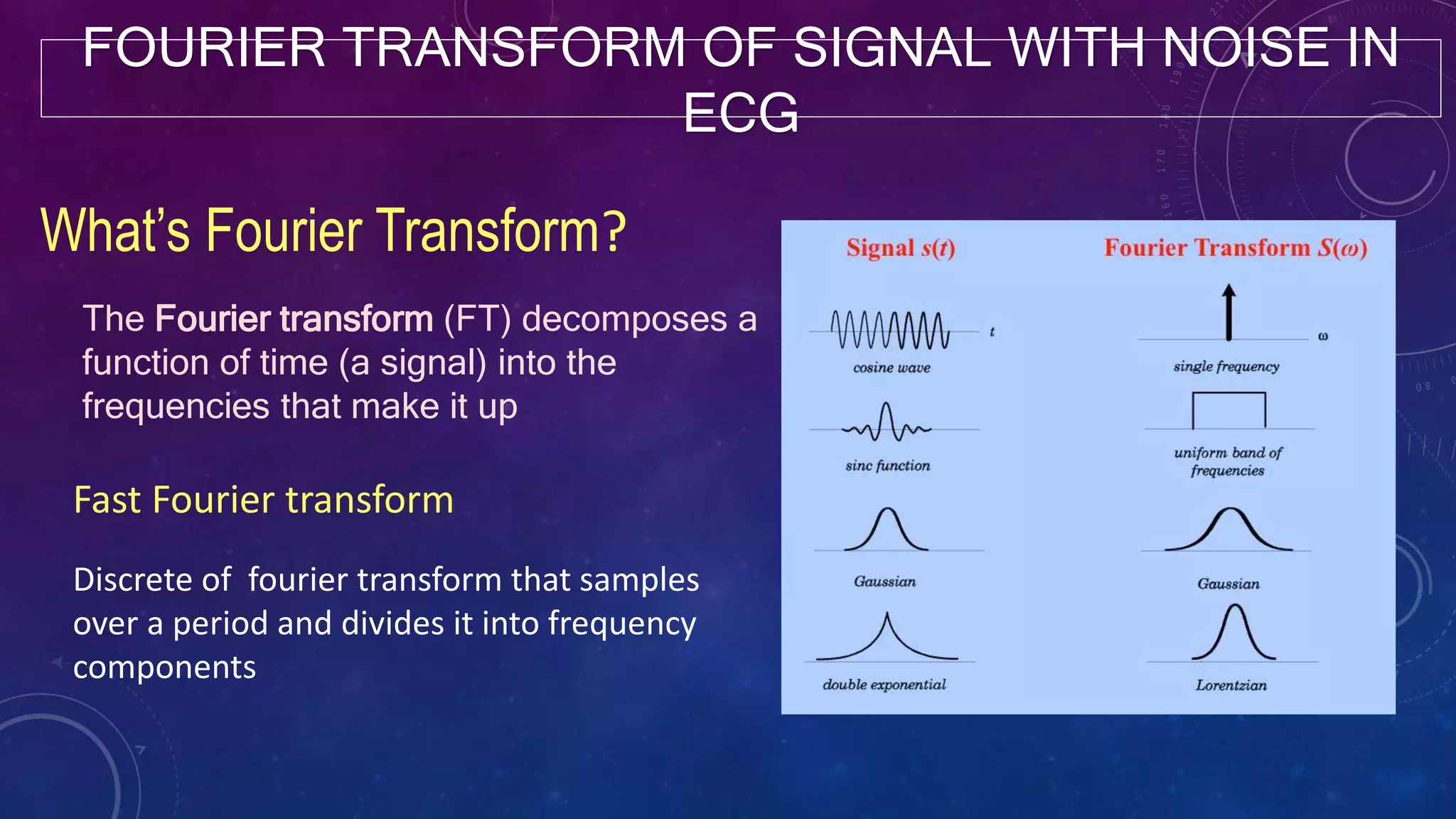 FOURIER TRANSFORM OF SIGNAL WITH NOISE IN
ECG
What’s Fourier Transform?
The Fourier transform (FT) decomposes a
function of time (a signal) into the
frequencies that make it up
Fast Fourier transform
Discrete of fourier transform that samples
over a period and divides it into frequency
components
 