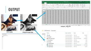 OUTPUT
data.jpg stegoimage.jpg
output_img.xls
 