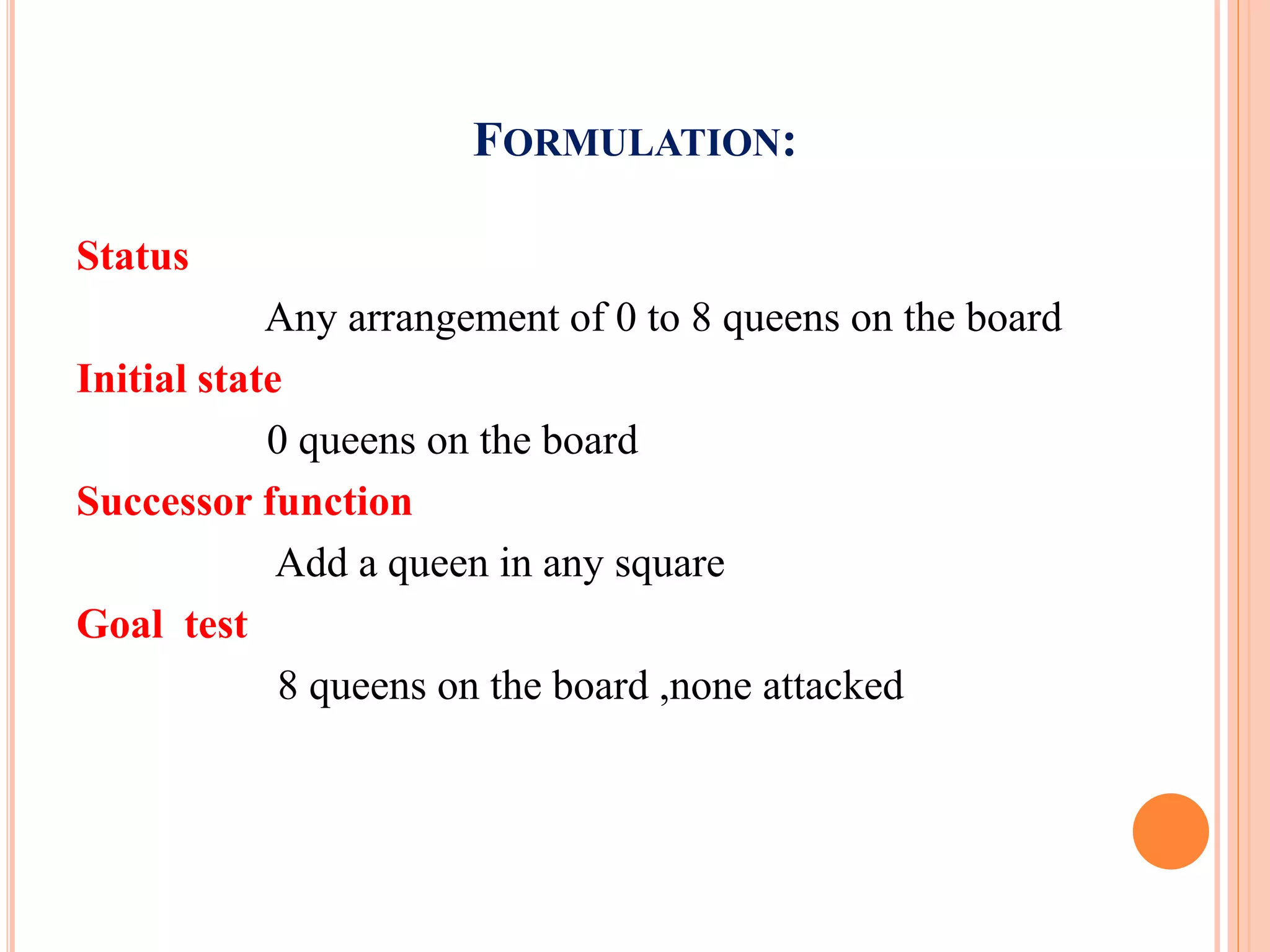 FORMULATION:
Status
Any arrangement of 0 to 8 queens on the board
Initial state
0 queens on the board
Successor function
Add a queen in any square
Goal test
8 queens on the board ,none attacked
 