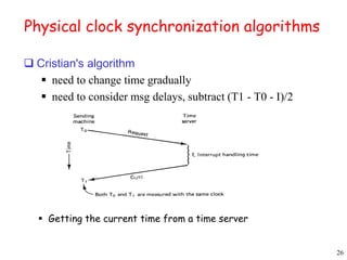 26 
Physical clock synchronization algorithms 
 Cristian's algorithm 
 need to change time gradually 
 need to consider msg delays, subtract (T1 - T0 - I)/2 
 Getting the current time from a time server 
 