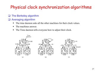 27 
Physical clock synchronization algorithms 
 The Berkeley algorithm 
 Averaging algorithm 
 The time daemon asks all the other machines for their clock values. 
 The machines answer. 
 The Time daemon tells everyone how to adjust their clock. 
 