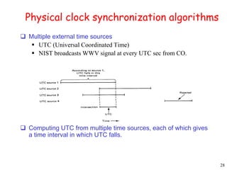 28 
Physical clock synchronization algorithms 
 Multiple external time sources 
 UTC (Universal Coordinated Time) 
 NIST broadcasts WWV signal at every UTC sec from CO. 
 Computing UTC from multiple time sources, each of which gives 
a time interval in which UTC falls. 
 