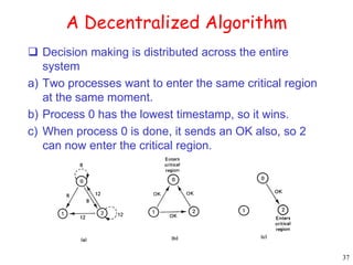 37 
A Decentralized Algorithm 
 Decision making is distributed across the entire 
system 
a) Two processes want to enter the same critical region 
at the same moment. 
b) Process 0 has the lowest timestamp, so it wins. 
c) When process 0 is done, it sends an OK also, so 2 
can now enter the critical region. 
 