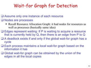 53 
Wait-for Graph for Detection 
 Assume only one instance of each resource 
 Nodes are processes 
 Recall Resource Allocation Graph: it had nodes for resources as 
well as processes (basically same idea) 
 Edges represent waiting: If P is waiting to acquire a resource 
that is currently held by Q, then there is an edge from P to Q 
 A deadlock exists if and only if the global wait-for graph has a 
cycle 
 Each process maintains a local wait-for graph based on the 
information it has 
 Global wait-for graph can be obtained by the union of the 
edges in all the local copies 
 