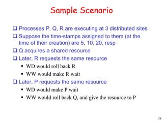 58 
Sample Scenario 
 Processes P, Q, R are executing at 3 distributed sites 
 Suppose the time-stamps assigned to them (at the 
time of their creation) are 5, 10, 20, resp 
 Q acquires a shared resource 
 Later, R requests the same resource 
 WD would roll back R 
 WW would make R wait 
 Later, P requests the same resource 
 WD would make P wait 
 WW would roll back Q, and give the resource to P 
 