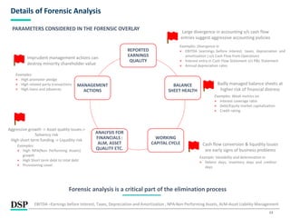13
Details of Forensic Analysis
PARAMETERS CONSIDERED IN THE FORENSIC OVERLAY
REPORTED
EARNINGS
QUALITY
BALANCE
SHEET HEALTH
WORKING
CAPITAL CYCLE
ANALYSIS FOR
FINANCIALS :
ALM, ASSET
QUALITY ETC.
MANAGEMENT
ACTIONS
Large divergence in accounting v/s cash flow
entries suggest aggressive accounting policies
Examples: Divergence in
× EBITDA (earnings before interest, taxes, depreciation and
amortization ) v/s Cash Flow from Operations
× Interest entry in Cash Flow Statement v/s P&L Statement
× Annual depreciation rates
Badly managed balance sheets at
higher risk of financial distress
Examples: Weak metrics on
× Interest coverage ratio
× Debt/Equity market capitalization
× Credit rating
Cash flow conversion & liquidity issues
are early signs of business problems
Example: Variability and deterioration in
× Debtor days, inventory days and creditor
days
Aggressive growth -> Asset quality issues->
Solvency risk
High short term funding -> Liquidity risk
Examples:
× High NPA(Non Performing Assets)
growth
× High Short term debt to total debt
× Provisioning cover
Imprudent management actions can
destroy minority shareholder value
Examples:
× High promoter pledge
× High related party transactions
× High loans and advances
Forensic analysis is a critical part of the elimination process
EBITDA –Earnings before Interest, Taxes, Depreciation and Amortization , NPA-Non Performing Assets, ALM-Asset Liability Management
 