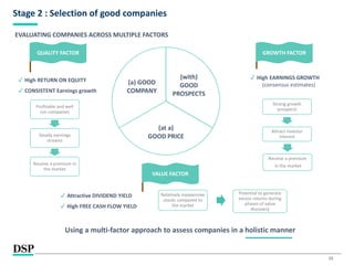 15
Stage 2 : Selection of good companies
(with)
GOOD
PROSPECTS
(at a)
GOOD PRICE
(a) GOOD
COMPANY
QUALITY FACTOR
✔ High RETURN ON EQUITY
✔ CONSISTENT Earnings growth
Profitable and well
run companies
Steady earnings
streams
Receive a premium in
the market
GROWTH FACTOR
✔ High EARNINGS GROWTH
(consensus estimates)
Strong growth
prospects
Attract investor
interest
VALUE FACTOR
✔ Attractive DIVIDEND YIELD
✔ High FREE CASH FLOW YIELD
Relatively inexpensive
stocks compared to
the market
Potential to generate
excess returns during
phases of value
discovery
Receive a premium
in the market
EVALUATING COMPANIES ACROSS MULTIPLE FACTORS
Using a multi-factor approach to assess companies in a holistic manner
 