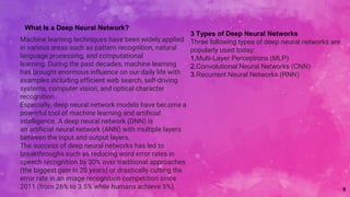 9
What Is a Deep Neural Network?
Machine learning techniques have been widely applied
in various areas such as pattern recognition, natural
language processing, and computational
learning. During the past decades, machine learning
has brought enormous influence on our daily life with
examples including efficient web search, self-driving
systems, computer vision, and optical character
recognition.
Especially, deep neural network models have become a
powerful tool of machine learning and artificial
intelligence. A deep neural network (DNN) is
an artificial neural network (ANN) with multiple layers
between the input and output layers.
The success of deep neural networks has led to
breakthroughs such as reducing word error rates in
speech recognition by 30% over traditional approaches
(the biggest gain in 20 years) or drastically cutting the
error rate in an image recognition competition since
2011 (from 26% to 3.5% while humans achieve 5%).
3 Types of Deep Neural Networks
Three following types of deep neural networks are
popularly used today:
1.Multi-Layer Perceptrons (MLP)
2.Convolutional Neural Networks (CNN)
3.Recurrent Neural Networks (RNN)
 