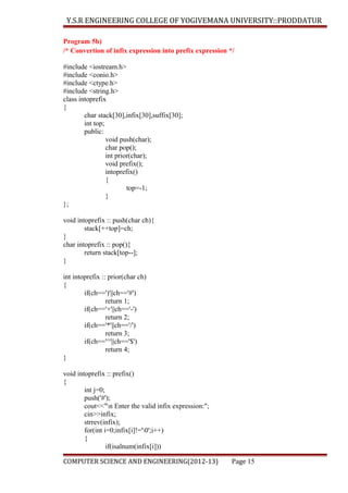 Y.S.R ENGINEERING COLLEGE OF YOGIVEMANA UNIVERSITY::PRODDATUR
Program 5b)
/* Convertion of infix expression into prefix expression */
#include <iostream.h>
#include <conio.h>
#include <ctype.h>
#include <string.h>
class intoprefix
{
char stack[30],infix[30],suffix[30];
int top;
public:
void push(char);
char pop();
int prior(char);
void prefix();
intoprefix()
{
top=-1;
}
};
void intoprefix :: push(char ch){
stack[++top]=ch;
}
char intoprefix :: pop(){
return stack[top--];
}
int intoprefix :: prior(char ch)
{
if(ch==')'||ch=='#')
return 1;
if(ch=='+'||ch=='-')
return 2;
if(ch=='*'||ch=='/')
return 3;
if(ch=='^'||ch=='$')
return 4;
}
void intoprefix :: prefix()
{
int j=0;
push('#');
cout<<"n Enter the valid infix expression:";
cin>>infix;
strrev(infix);
for(int i=0;infix[i]!='0';i++)
{
if(isalnum(infix[i]))
COMPUTER SCIENCE AND ENGINEERING(2012-13)

Page 15

 