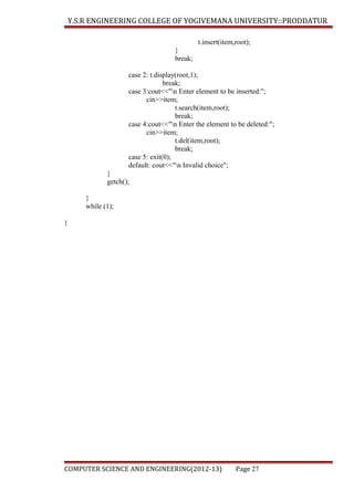 Y.S.R ENGINEERING COLLEGE OF YOGIVEMANA UNIVERSITY::PRODDATUR
t.insert(item,root);
}
break;
case 2: t.display(root,1);
break;
case 3:cout<<"n Enter element to be inserted:";
cin>>item;
t.search(item,root);
break;
case 4:cout<<"n Enter the element to be deleted:";
cin>>item;
t.del(item,root);
break;
case 5: exit(0);
default: cout<<"n Invalid choice";
}
getch();
}
while (1);
}

COMPUTER SCIENCE AND ENGINEERING(2012-13)

Page 27

 