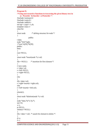 Y.S.R ENGINEERING COLLEGE OF YOGIVEMANA UNIVERSITY::PRODDATUR
Program 9)
/*Using non-recursive functions to traversing the given binary tree in
a) Preorder b) Inorder c) Postorder */
#include<iostream.h>
#include<conio.h>
#include<stdlib.h>
int top=-1,top1=-1,ch;
template<class t>
class bst
{
struct node
/* definig structure for node */
{
public:
t data;
node *left,*right;
}*root,*a[20],*b[20];
public:
bst()
{
root=NULL;
}
struct node *insert(node *r,t val)
{
if(r==NULL)
/* insertion for first element */
{
r=new node;
r->data=val;
r->left=NULL;
r->right=NULL;
}
else
{
if(r->data<val)
r->right=insert(r->right,val);
else
r->left=insert(r->left,val);
}
return(r);
}
struct node *deletion(node *r,t val)
{
node *data,*d,*x,*p,*i;
int f=0;
x=r;
p=NULL;
while(x!=NULL)
{
if(x->data==val) /* search for element to delete */
{
d=x;
f=1;
COMPUTER SCIENCE AND ENGINEERING(2012-13)

Page 31

 