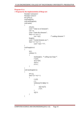 Y.S.R ENGINEERING COLLEGE OF YOGIVEMANA UNIVERSITY::PRODDATUR
Program 11 c)
// Program for the implementation of Heap sort
#include<iostream.h>
#include<conio.h>
int x[10],i,n;
void heap(int);
void maxheap(int);
void main()
{
clrscr();
cout<<"enter no of elements";
cin>>n;
cout<<"enetr the elements";
for(i=1;i<=n;i++)
cin>>x[i];
/* reading elements */
heap(n);
cout<<"sorted elements are:";
for(i=1;i<=n;i++)
cout<<x[i]<<"t";
}
void heap(int n)
{
int t;
while(n>1)
{
maxheap(n); /* calling max heap */
t=x[1];
x[1]=x[n];
x[n]=t;
n=n-1;
}
}
void maxheap(int n)
{
int i,t,j;
for(i=2;i<=n;i++)
{
t=x[i];
j=i;
while(x[j/2]<t&&j>1)
{
x[j]=x[j/2];
j=j/2;
}
x[j]=t;
}
}

COMPUTER SCIENCE AND ENGINEERING(2012-13)

Page 45

 